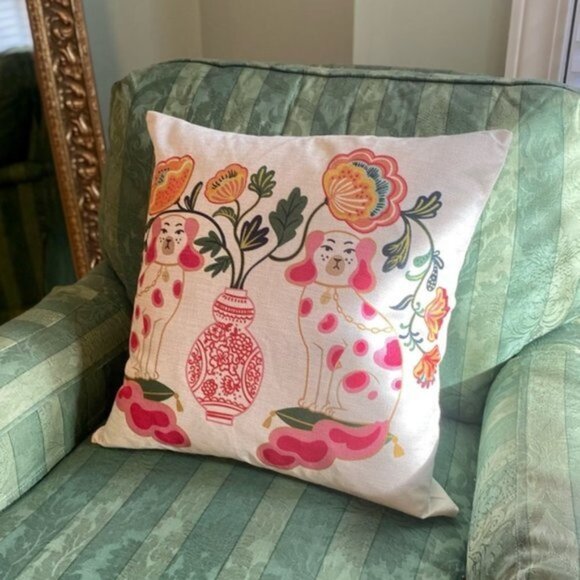 2 Staffordshire Dog Pillow Covers in Pink or Blue Chinoiserie New - Picture 5 of 16